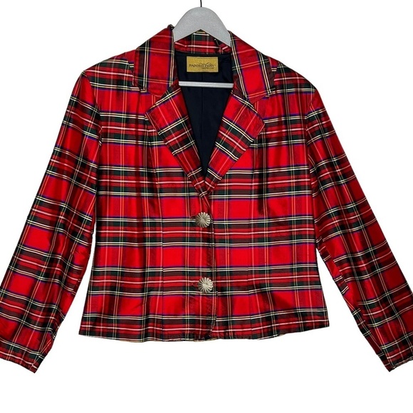 Vintage Painted Pony Red Tartan Plaid Silk Cropped Blazer Chunky Buttons Size 12 - Picture 1 of 16